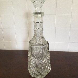 Vintage clear Glass hexagonal bottle decanter w stopper diamond & flower 15"